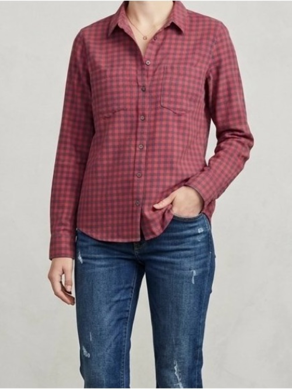 Toad&Co Wool Blend Red Grey Checkered Flannel Button Down Long Sleeve Shirt Top